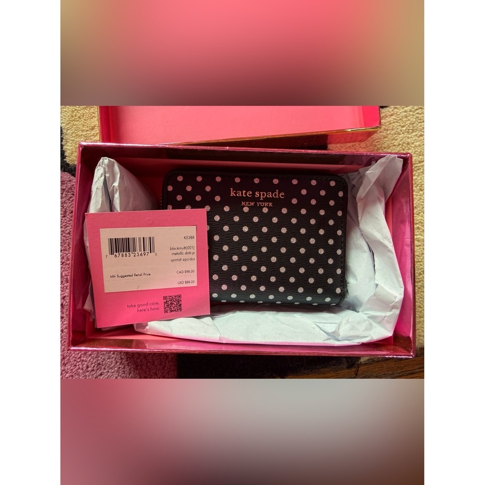 NWT Kate Spade New York Black Glitter Polka Dot Small Zip Wallet